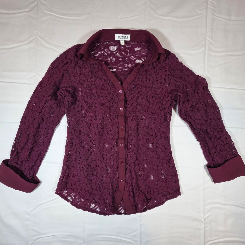Express The Portofino Shirt Womens XS Burgundy Floral Lace Button Up Blouse